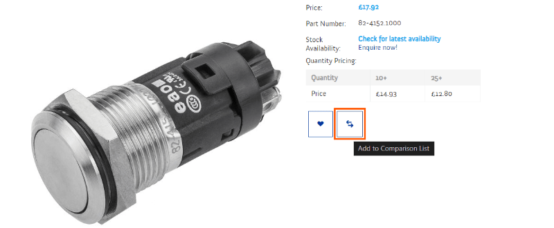 Screenshot of a product page from HUB Electronics website highlighting the Product Comparison button