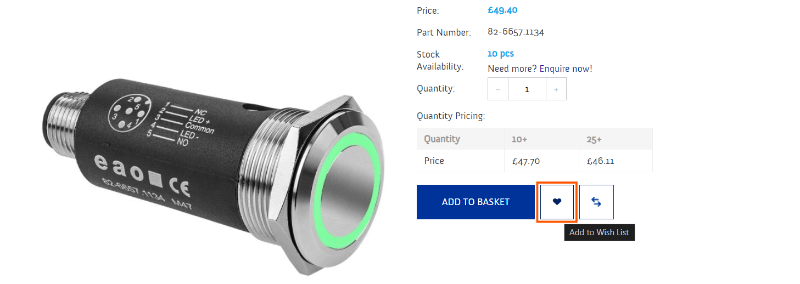 Screenshot of a product page from HUB Electronics website highlighting the Wish List button