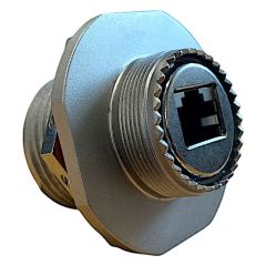 Front view of EMCA Connector Solutions RJ45 CAT6A Feedthrough Jam Nut Receptacle in Electroless Nickel finish