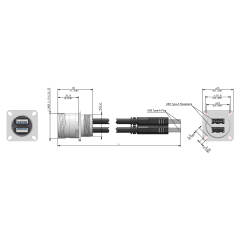Dimensions of EMCA Connector Solutions X2-9864 Dual USB-A Square Flange Receptacle with Cordset