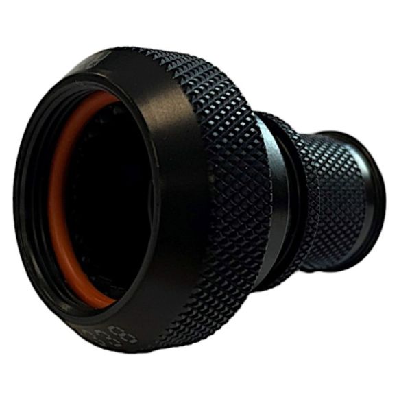 Front view of EMCA Straight Screened Adaptor in Black Zinc Nickel finish (Part Number: A37-796-1204)