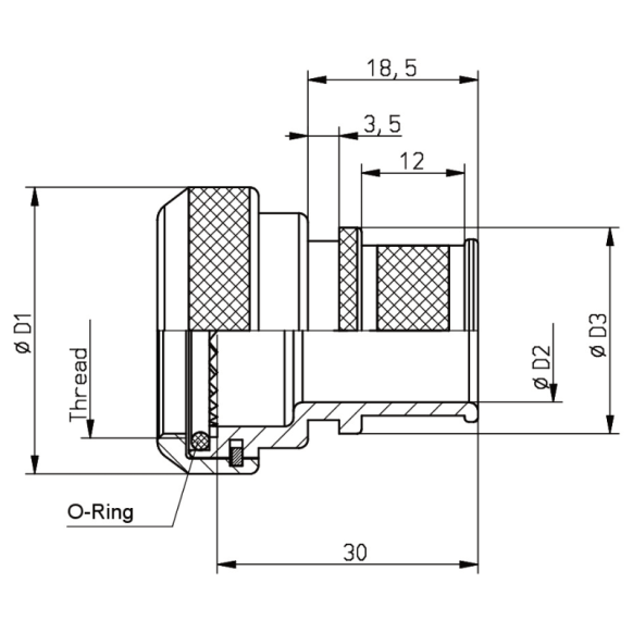 Dimensions of EMCA Straight Screened Adaptor in Aluminium Bronze Passivated finish (Part Number: A37-526-1905KN)