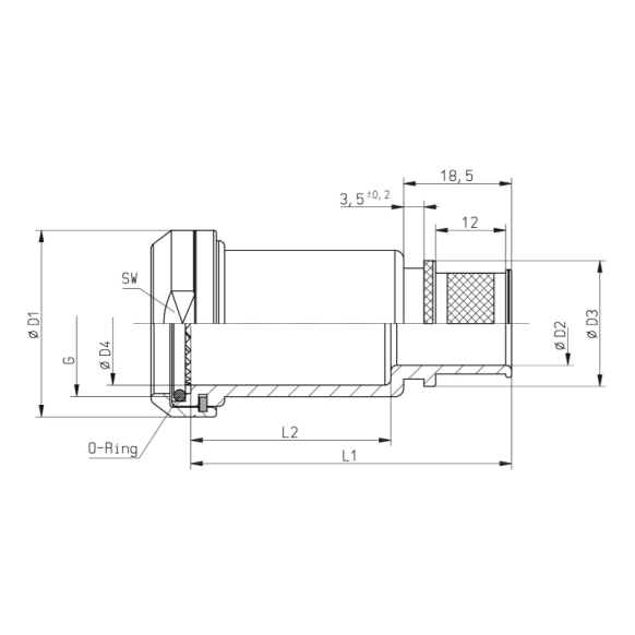 Dimensions of EMCA Straight RFI/EMI Extended Backshell in Stainless Steel Passivated finish (Part Number: A37-035-1105LKN)