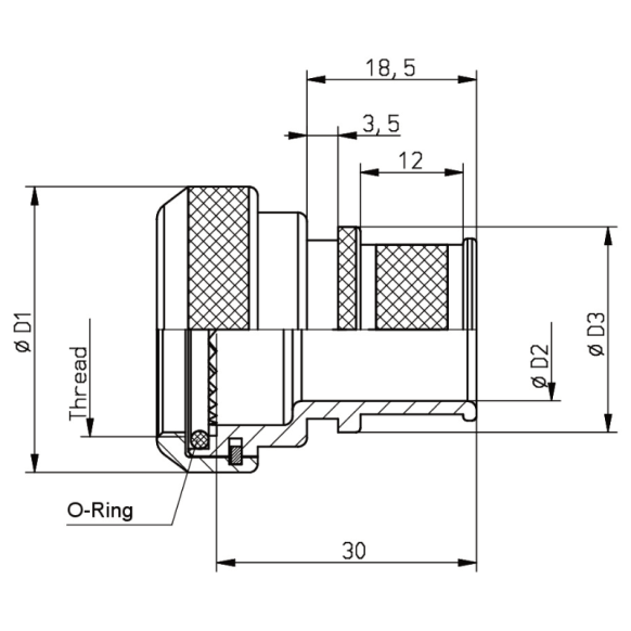 Dimensions of EMCA Straight (RFI/EMI) Screened Adaptor in Aluminium Bronze Passivated & Electroless Nickel finish (Part Number: A37-796-69512)