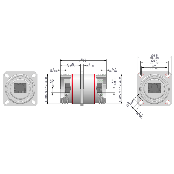 Dimensions of EMCA Connector Solutions RJ45 CAT5e Bulkhead Feedthrough Square Flange Receptacle in Marine Bronze finish (Part Number: X1-9850-19-9 N 0)