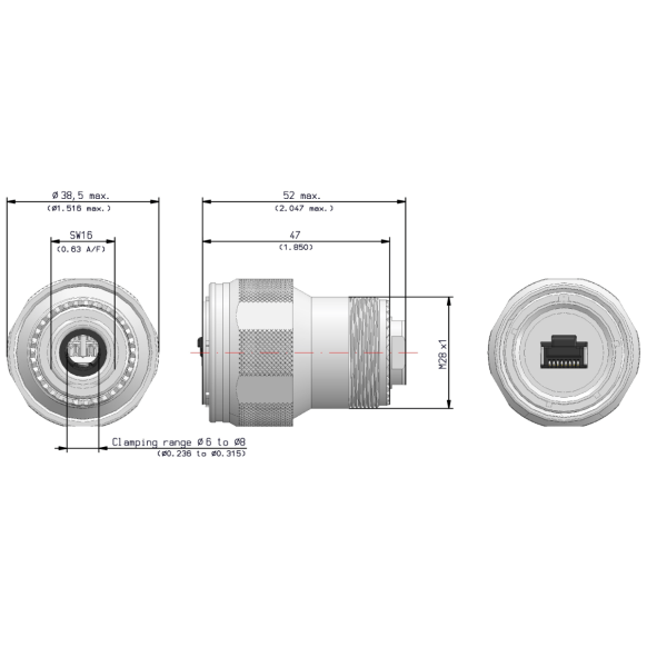 Dimensions of EMCA Connector Solutions RJ45 CAT6A Plug Connector in Electroless Nickel finish (Part Number: X1-9878-19-5 N)