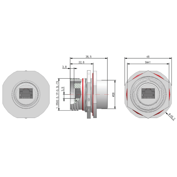 Dimensions of EMCA Connector Solutions RJ45 CAT6A Feedthrough Standard Jam Nut Receptacle in Black Hybrid finish (Part Number: X1-9883-19-J N 0)