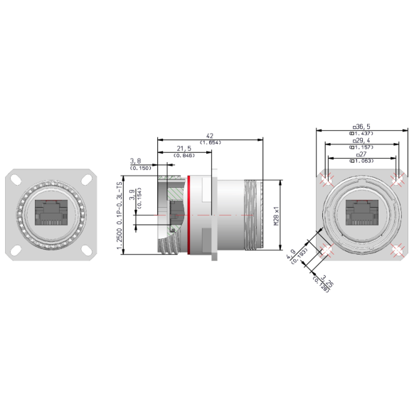 Dimensions of EMCA Connector Solutions RJ45 CAT6A Feedthrough Sealed Square Flange Receptacle in Stainless Steel finish (Part Number: X1-9884-19-1 N 0)