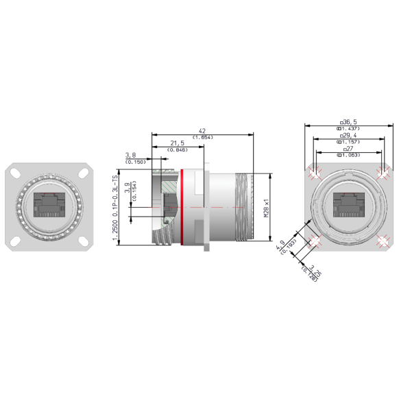 Dimensions of EMCA Connector Solutions RJ45 CAT6A Feedthrough Sealed Square Flange Receptacle in Cadmium Olive Drab finish (Part Number: X1-9884-19-6 N 0)
