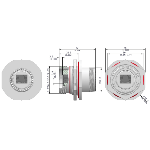 Dimensions of EMCA Connector Solutions RJ45 CAT6A Feedthrough Sealed Jam Nut Receptacle in Electroless Nickel finish (Part Number: X1-9885-19-5 N 0)