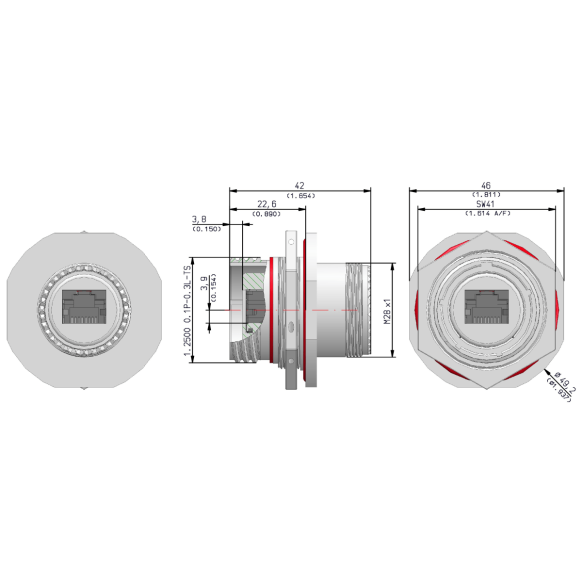 Dimensions of EMCA Connector Solutions RJ45 CAT6A Feedthrough Sealed Jam Nut Receptacle in Stainless Steel finish (Part Number: X1-9885-19-1 N 0)