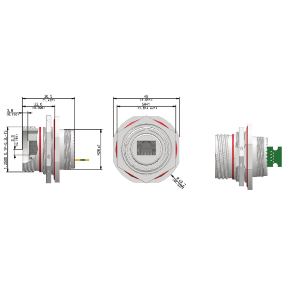 Dimensions of EMCA Connector Solutions RJ45 CAT6A PCB Jam Nut Receptacle in Electroless Nickel finish (Part Number: X1-9887-19-5 N 0)