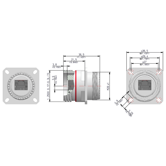 Dimensions of EMCA Connector Solutions RJ45 CAT6A Feedthrough Square Flange Receptacle in Black Zinc Nickel finish (Part Number: X1-9888-19-2 N 0)