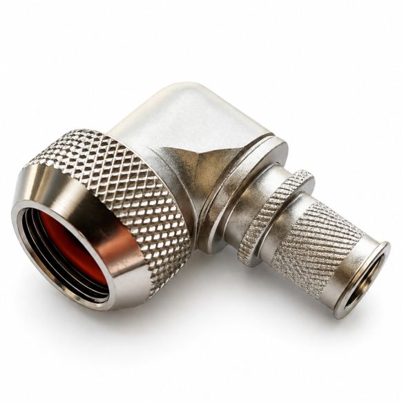 Front view of EMCA Electro-Mechanic A37-525 90 Degree (RFI/EMI) Screened Adaptor in Stainless Steel Passivated finish