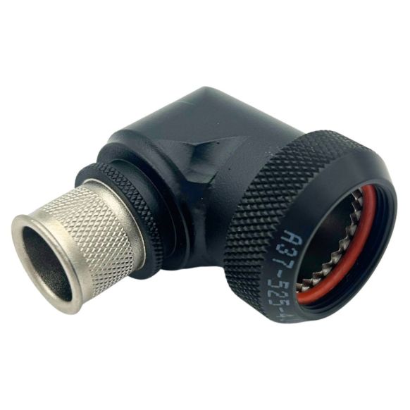 Front view of EMCA Electro-Mechanic A37-525 90 Degree (RFI/EMI) Screened Adaptor in Black Hybrid finish
