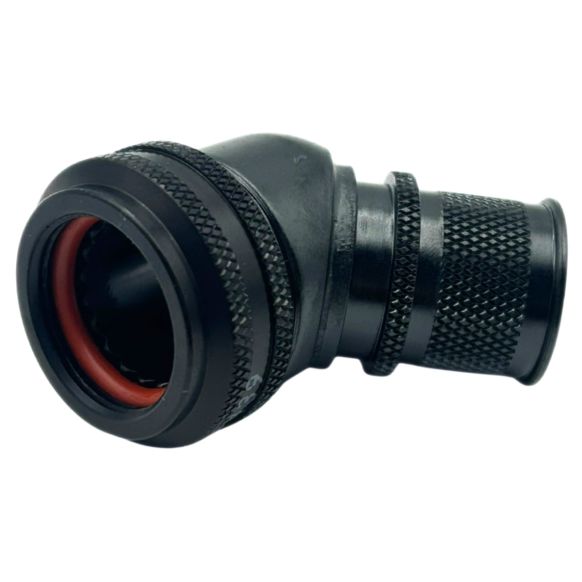 Front view of EMCA 45 Degree (RFI/EMI) Screened Adaptor in Black Zinc Nickel finish (Part Number: A77-332-3208)