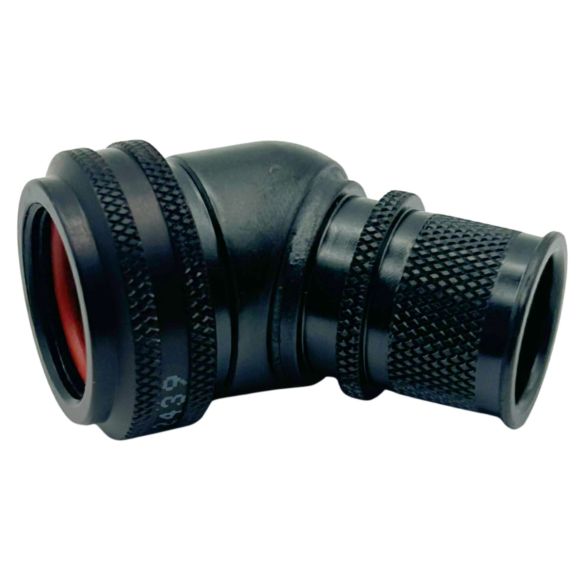 Bottom view of EMCA 45 Degree (RFI/EMI) Screened Adaptor in Black Zinc Nickel finish (Part Number: A77-332-3208)