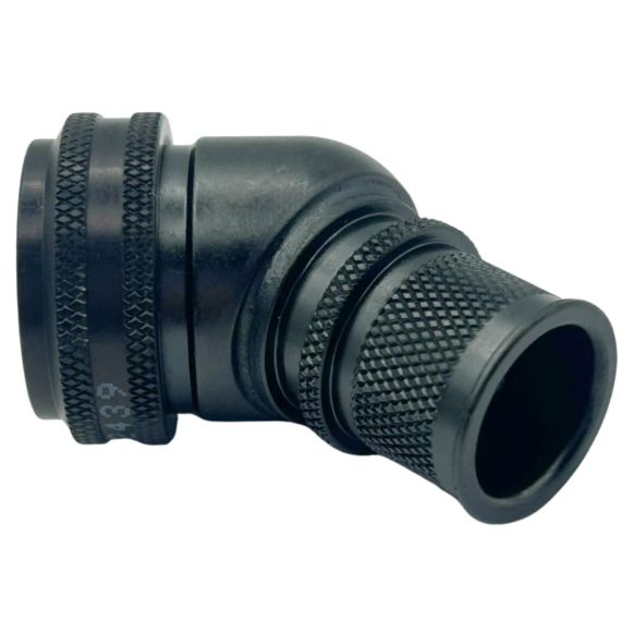 Rear view of EMCA 45 Degree (RFI/EMI) Screened Adaptor in Black Zinc Nickel finish (Part Number: A77-332-3208)
