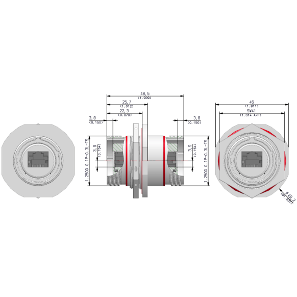 Dimensions of EMCA Connector Solutions RJ45 CAT5e Bulkhead Feedthrough Jam Nut Receptacle in Stainless Steel finish (Part Number: X1-9851-19-1 N 0)