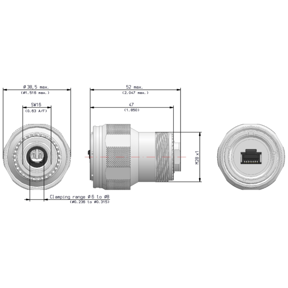 Dimensions of EMCA Connector Solutions RJ45 CAT6A Plug Connector in Marine Bronze finish (Part Number: X1-9878-19-9 N)