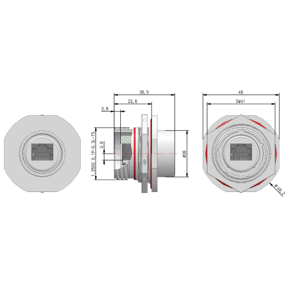 Dimensions of EMCA Connector Solutions RJ45 CAT6A Feedthrough Standard Jam Nut Receptacle in Electroless Nickel finish (Part Number: X1-9883-19-5 N 0)