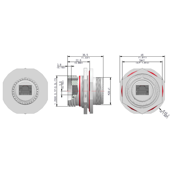 Dimensions of EMCA Connector Solutions RJ45 CAT6A Feedthrough Jam Nut Receptacle in Stainless Steel finish (Part Number: X1-9889-19-1 N 0)