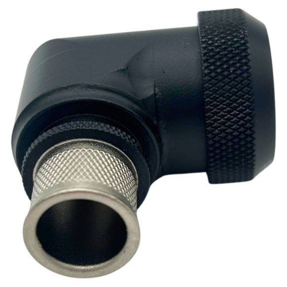 Side view of EMCA Electro-Mechanic A37-525 90 Degree (RFI/EMI) Screened Adaptor in Black Hybrid finish