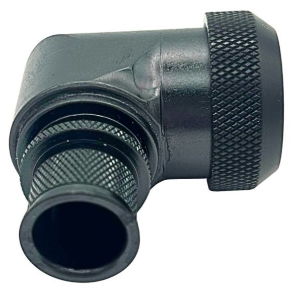 Side view of EMCA Electro-Mechanic A37-795 90 Degree (RFI/EMI) Screened Adaptor in Black Zinc Nickel finish