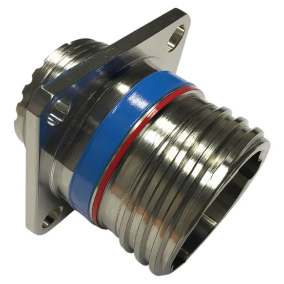Side view of Amphenol D38999 Series III Box Mount Receptacle in Stainless Steel finish (Part Number: D38999/20KE06SN)