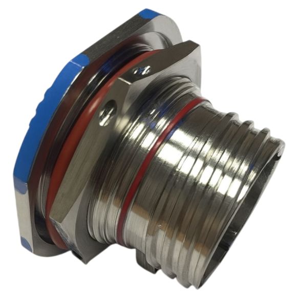 Side view of Amphenol D38999 Series III Jam Nut Receptacle in Stainless Steel finish (Part Number: D38999/24KC35SB)