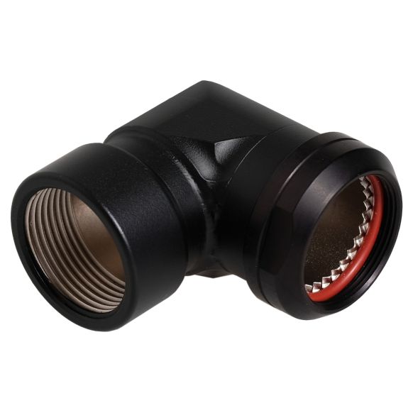 Front view of EMCA 90 Degree M Thread Adaptor in Black Hybrid finish (Part Number: A37-444-2J21KN)
